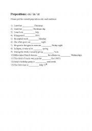 English Worksheet: Prepositions (in / on / at) for Time