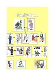 English Worksheet: Family tree+chart to fill thanks to clues (four pages and keys included)