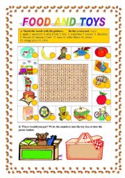 English Worksheet: Food and toys-matching, crossword, grouping