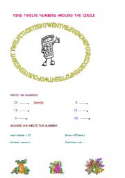 English worksheet: numbers and addition subtraction from 1 to 20