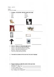 English worksheet: BASIC ENGLISH EXAM - Present continuous, adverbs of frequency, furniture vocabulary