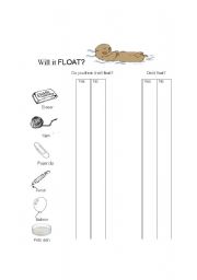 English worksheet: Will it float?