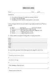 English worksheet: simple present written test 