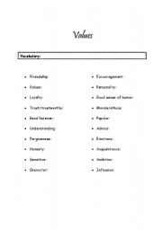 English worksheet: Values Lesson