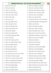 English Worksheet: Conversation Questions - Getting to know you - Elementary