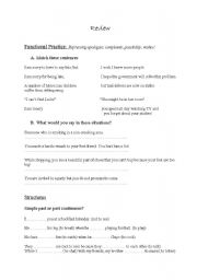 English worksheet:  Functional practice& Structures Review