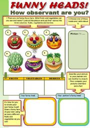 English Worksheet: FUNNY HEADS!  - FRUITS AND VEGETABLES REVISION WITH FUN!