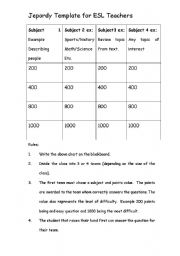 English Worksheet: Jepordy Template for ESL Teachers