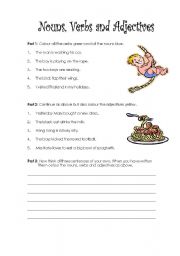 English worksheet: Identify Nouns, Verbs and Adjectives