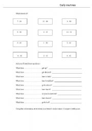 English worksheet: Daily routines and time worksheet