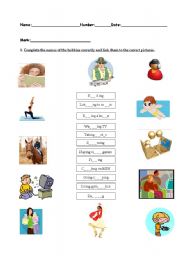 English worksheet: vocabulary worksheet about hobbies