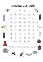 English Worksheet: Clothing Word Search