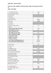 English Worksheet: Kate Perry - Hot N Cold - ANSWERSHEET