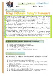 English Worksheet: Drugs infuence todays teenagers