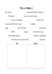 English Worksheet: For Or  Since