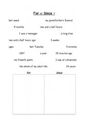 English worksheet: For Or  Since