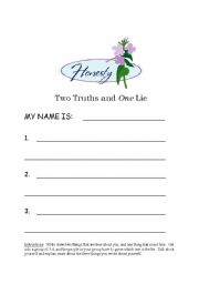 English Worksheet: Two Truths and One Lie Mixer