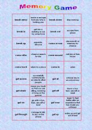 English Worksheet: Memory Game with Phrasal Verbs: break - come - get