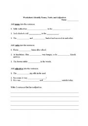 English worksheet: Worksheet: Identify Nouns, Verbs and Adjectives