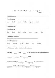 English worksheet: Worksheet: Identify Nouns, Verbs and Adjectives
