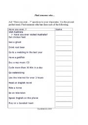 English worksheet: Find Someone Who Present Perfect