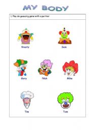 English worksheet: My body, describing clowns