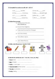 English worksheet: Elementary exercises( verb to be, pronouns, nationalities)