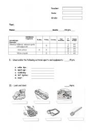 English worksheet: Extreme Sports and Equipment Test