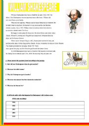 WILLIAM SHAKESPEARE-READING PASSAGE WITH EXERCISES-VERY NEAT,HANDY ONE WITH ONE PAGE...+ answer key included :P