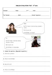 English Worksheet: 5th form test - presenting yourself