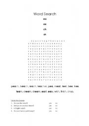 English worksheet: ea, ee, sh, ch, wordsearch