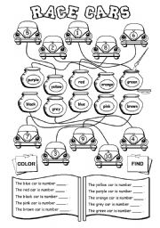 English Worksheet: Race Cars (numbers 1-10)