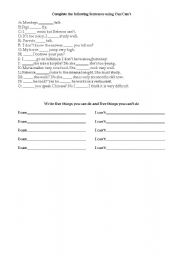 English worksheet: CAN/CANT Worksheet (1 of 2)