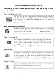 English Worksheet: Top 10 Most Endangered Species (PART 1)