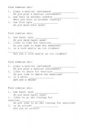 English worksheet: Getting to Know People/Find Someone Who...
