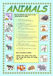 English Worksheet: Animals - matching a definition to a picture