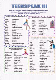 English Worksheet: Teenspeak III  -  2 pages + key