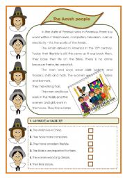 English Worksheet: The Amish people (5 pages, 9. exercises)