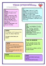 English Worksheet: TIME PREPOSTIONS THEORY AND PRACTICE TWO PAGES