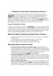 English Worksheet: Euro Replaces the Dollar as Currency of Choice