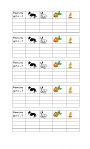 English worksheet: A chart to make a survey using animals and have you got