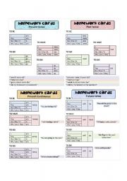 English Worksheet: HOMEWORK CARDS X4 - Easy Tense Review. Present, Past, Present continuous, Future of BE, HAVE, GO, DO