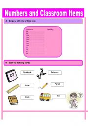 English worksheet: Numbers and Classroom Items
