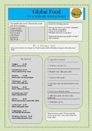 English Worksheet: Global food-At a Burger restaurant