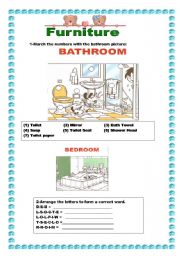 English worksheet: furniture-bathroom-bedroom