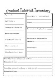 English worksheet: Student Interest Inventory