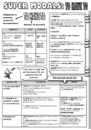 English Worksheet: SUPER MODALS! PART 4 - HAVE TO - 1 PAGE GRAMMAR-GUIDE