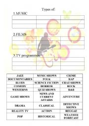 English Worksheet: types of music and films