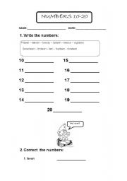 English worksheet: numbers 10 -20
