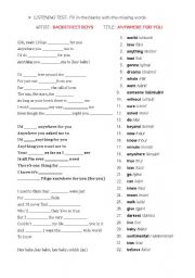 English worksheet: ANYWHERE FOR YOU - BACKSTREET BOYS